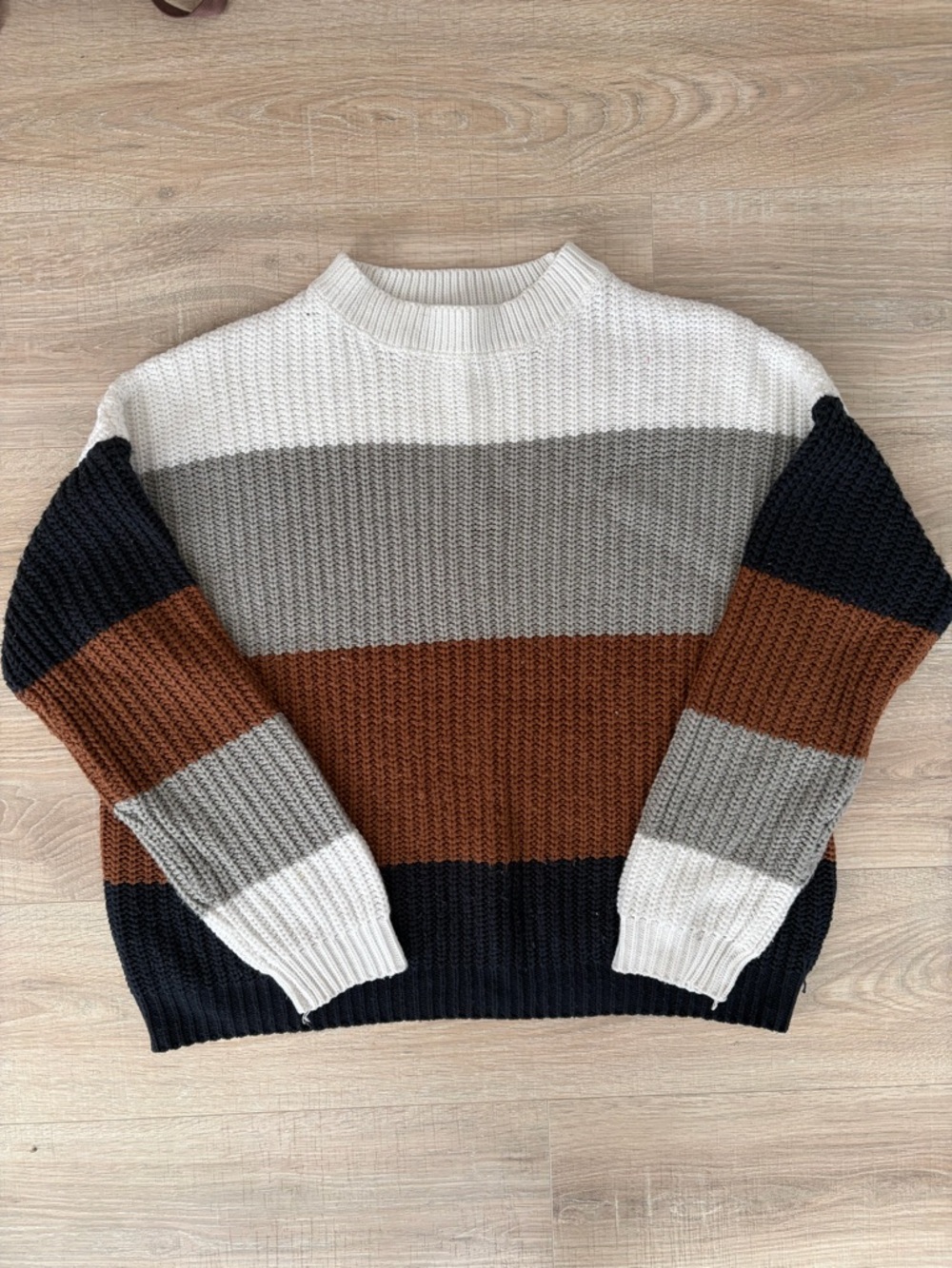 Crew Neck Striped Knit Sweater - White, Gray, Brown, Black
